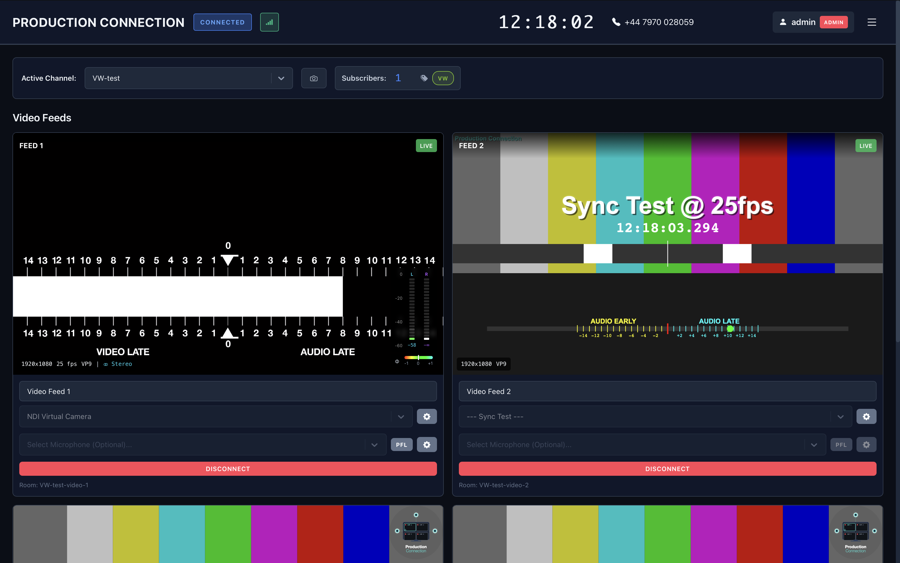 Production Connection admin interface showing feed setup, video and audio delay measurement, and channel management